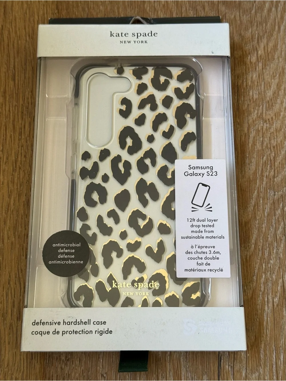 New Kate Spade Leopard Print Hard Shell Case Samsung Galaxy S23 clear/white/gold